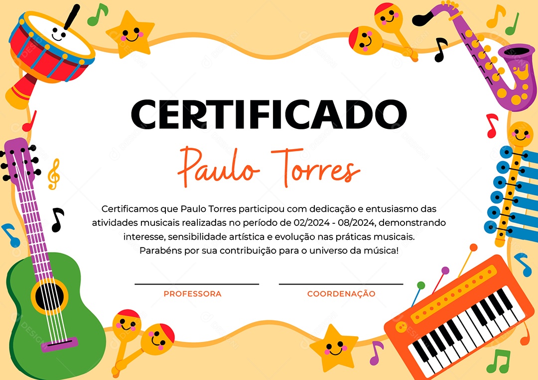 Certificado Atividades Musicais Vetor AI + EPS Editável