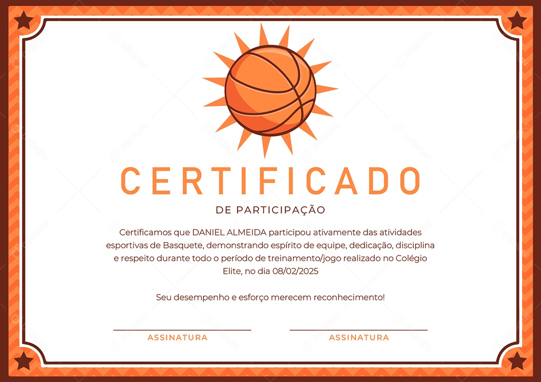 Certificado de Participação Atividades Esportivas de Basquete Vetor AI + EPS Editável