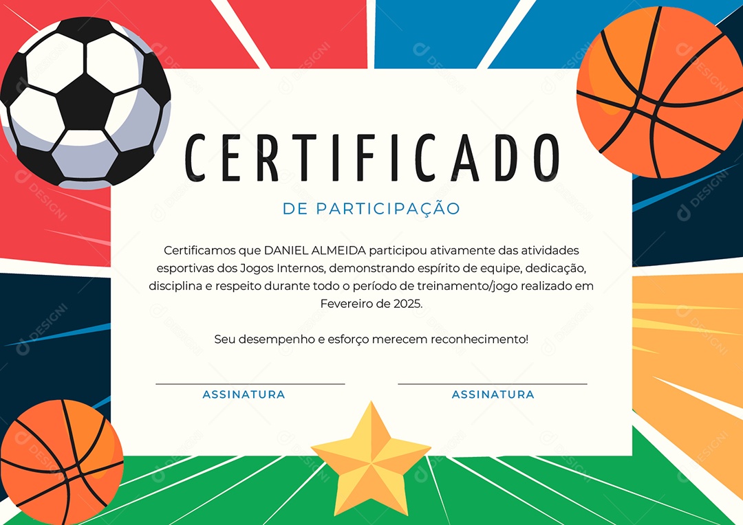 Certificado de Participação Atividades Esportivas dos Jogos Internos Vetor AI + EPS Editável