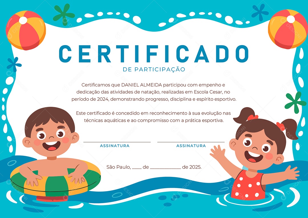 Certificado Natação Vetor AI + EPS Editável