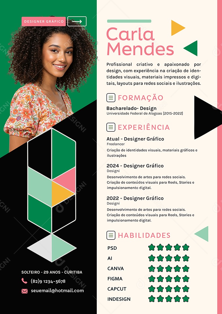 Modelo de Currículo Designer Gráfico Carla Mendes PSD Editável