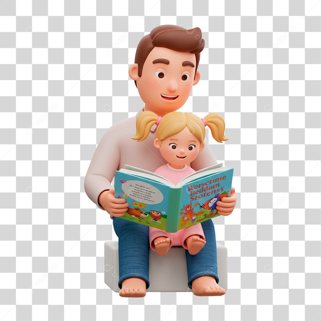 Personagem Pai e Filha Lendo Livro PNG Transparente