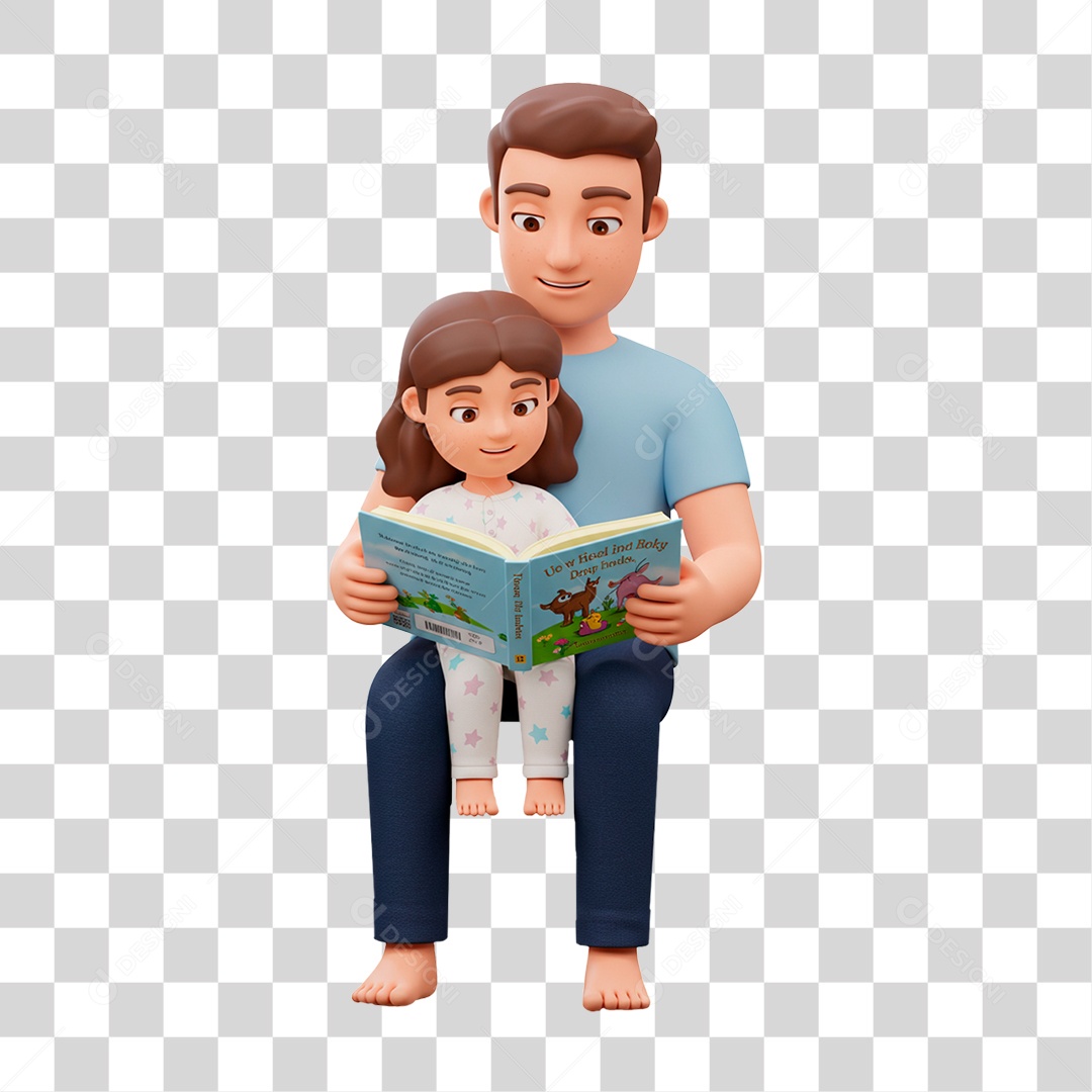 Personagem Pai e Filha Lendo Livro PNG Transparente