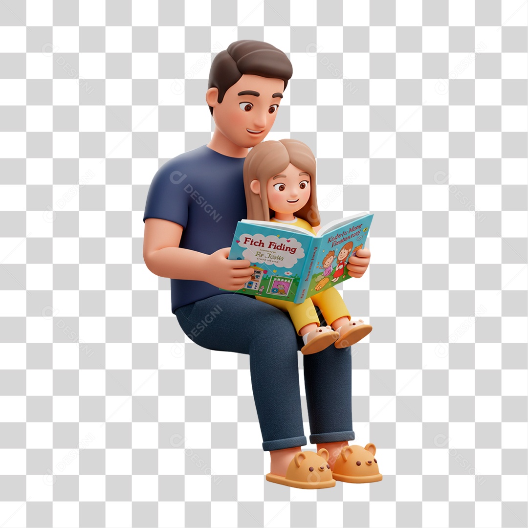 Personagem Pai e Filha Lendo Livro PNG Transparente