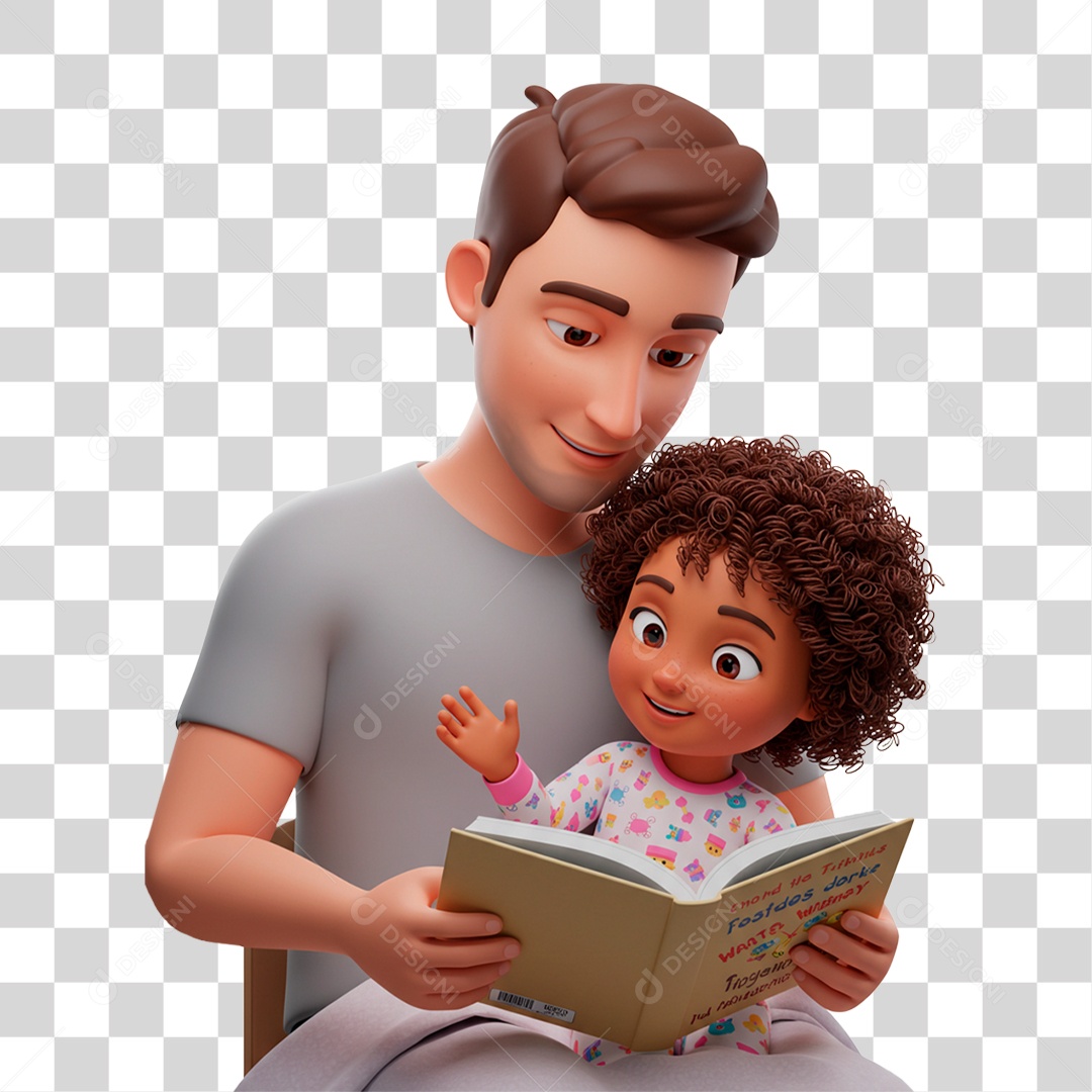 Personagem Pai e Filha Lendo Livro PNG Transparente