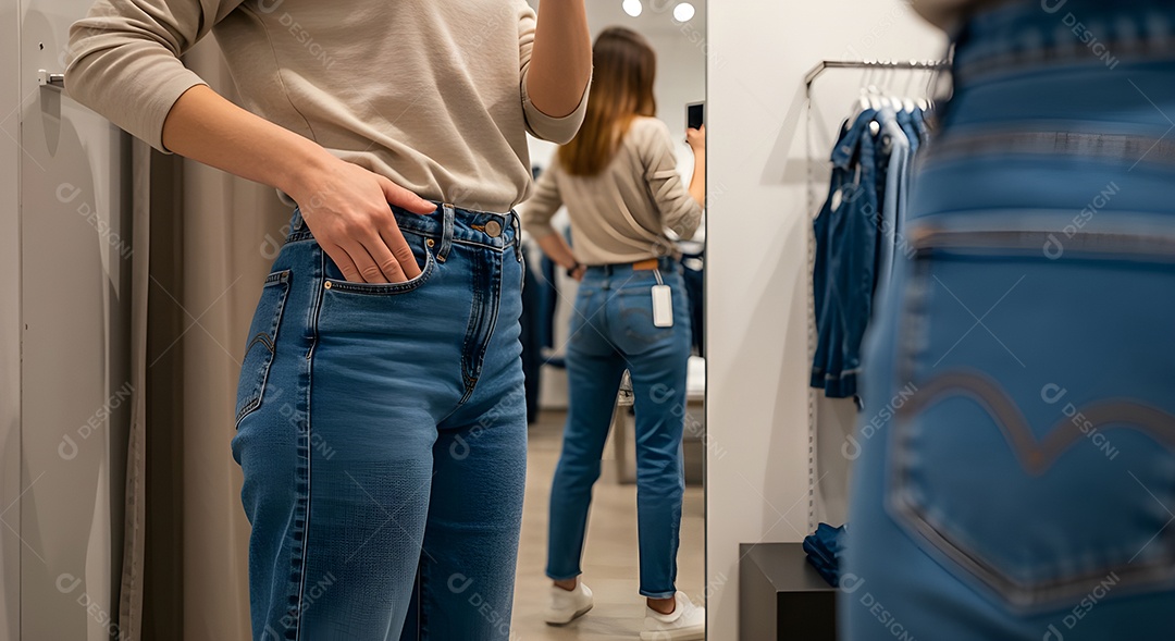 Retrato realista de mulher experimentando calça em provador de loja