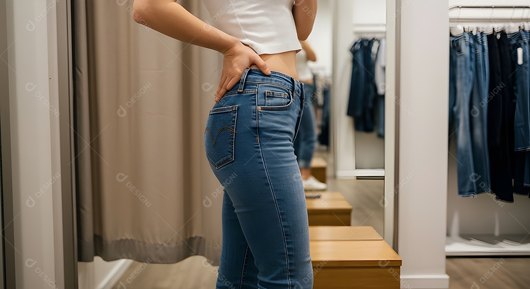 Retrato realista de mulher experimentando calça em provador de loja