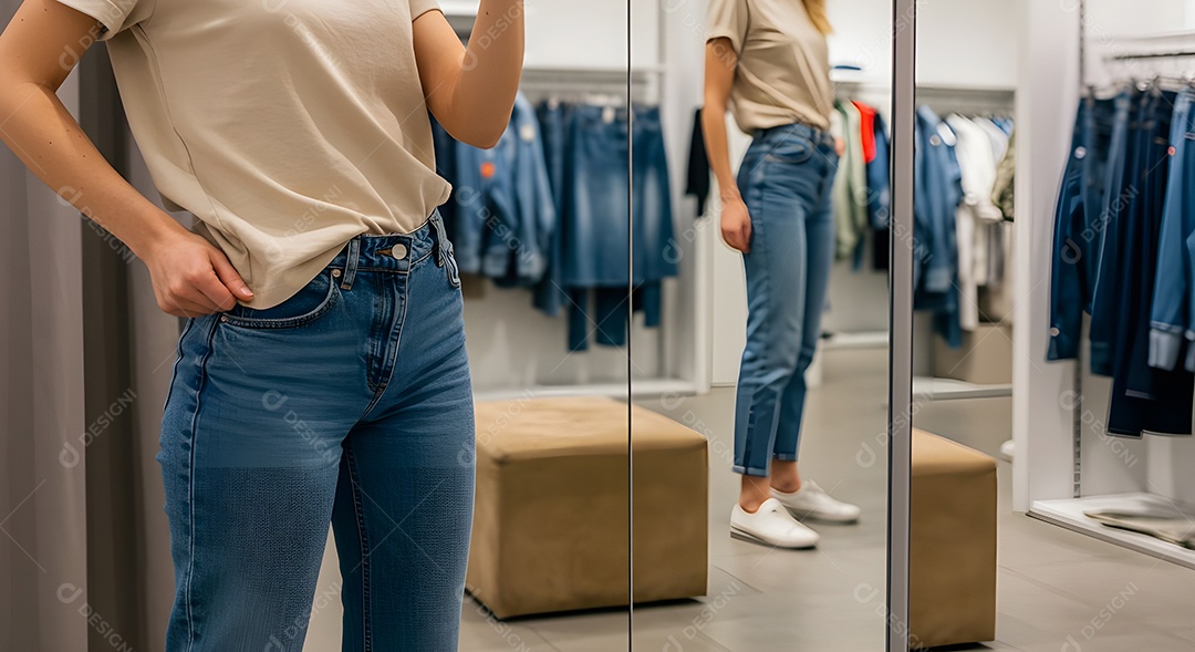 Retrato realista de mulher experimentando calça em provador de loja