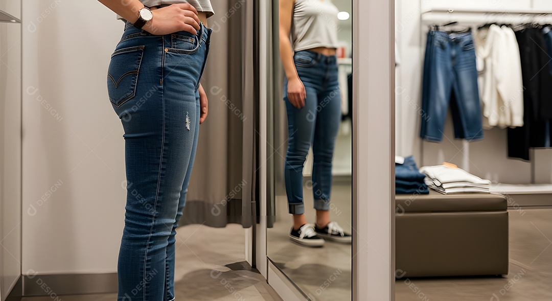 Retrato realista de mulher experimentando calça em provador de loja