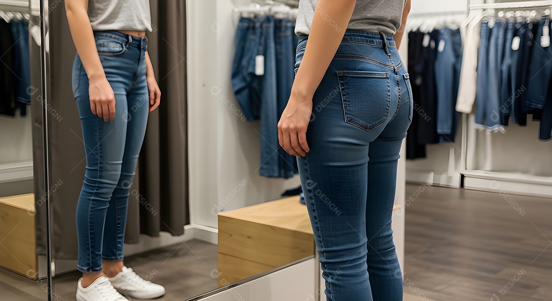 Retrato realista de mulher experimentando calça em provador de loja