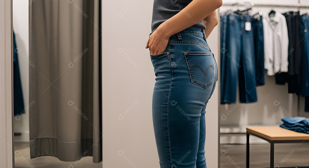 Retrato realista de mulher experimentando calça em provador de loja