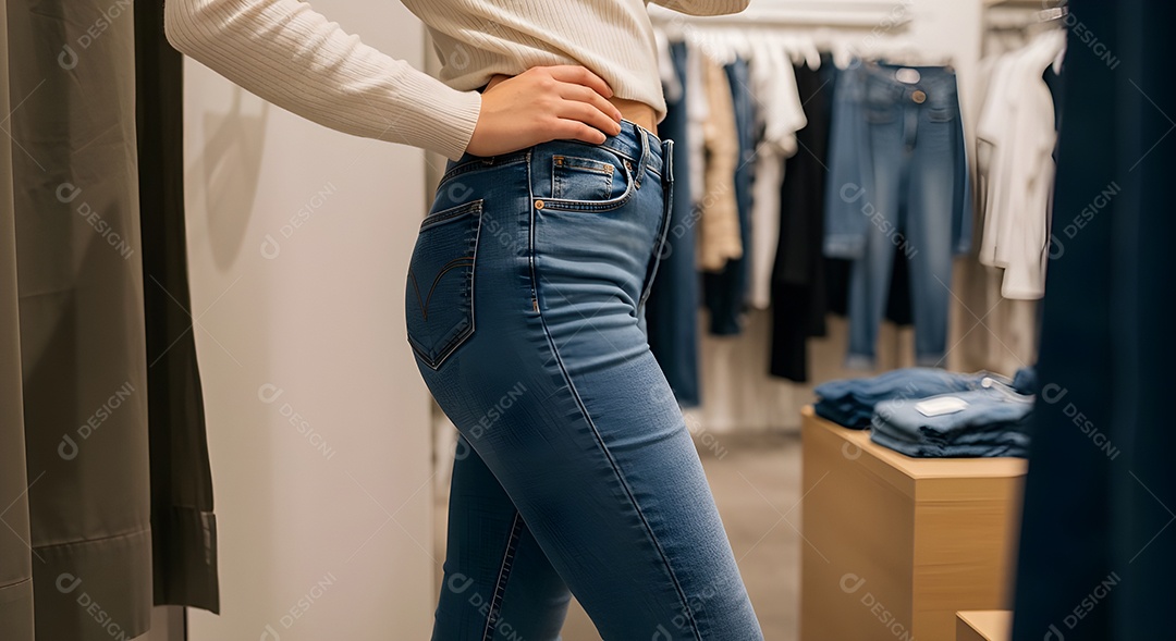 Retrato realista de mulher experimentando calça em provador de loja