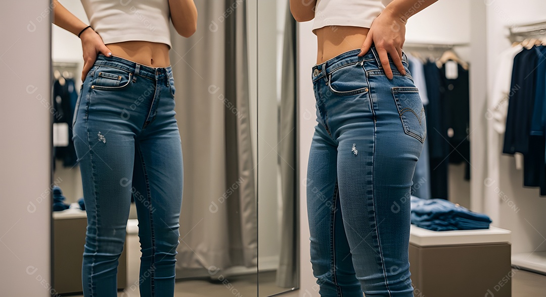 Retrato realista de mulher experimentando calça em provador de loja