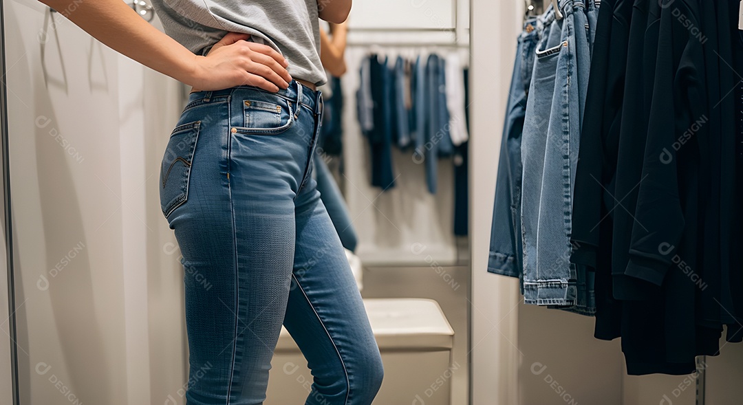 Retrato realista de mulher experimentando calça em provador de loja