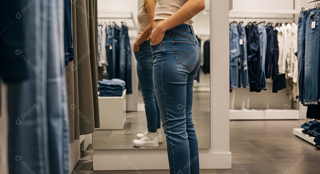 Retrato realista de mulher experimentando calça em provador de loja