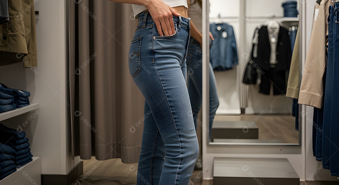 Retrato realista de mulher experimentando calça em provador de loja