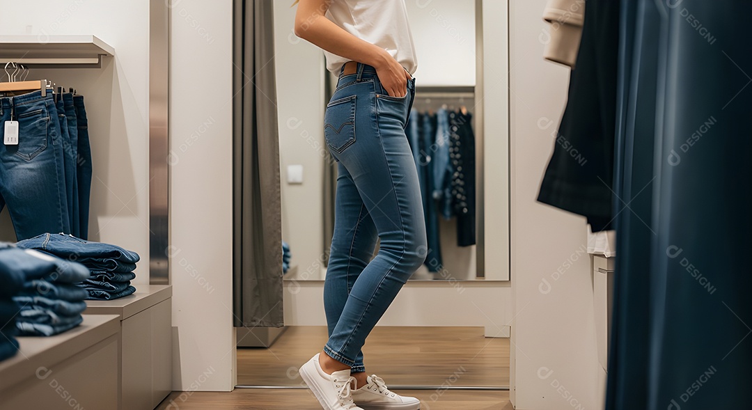 Retrato realista de mulher experimentando calça em provador de loja