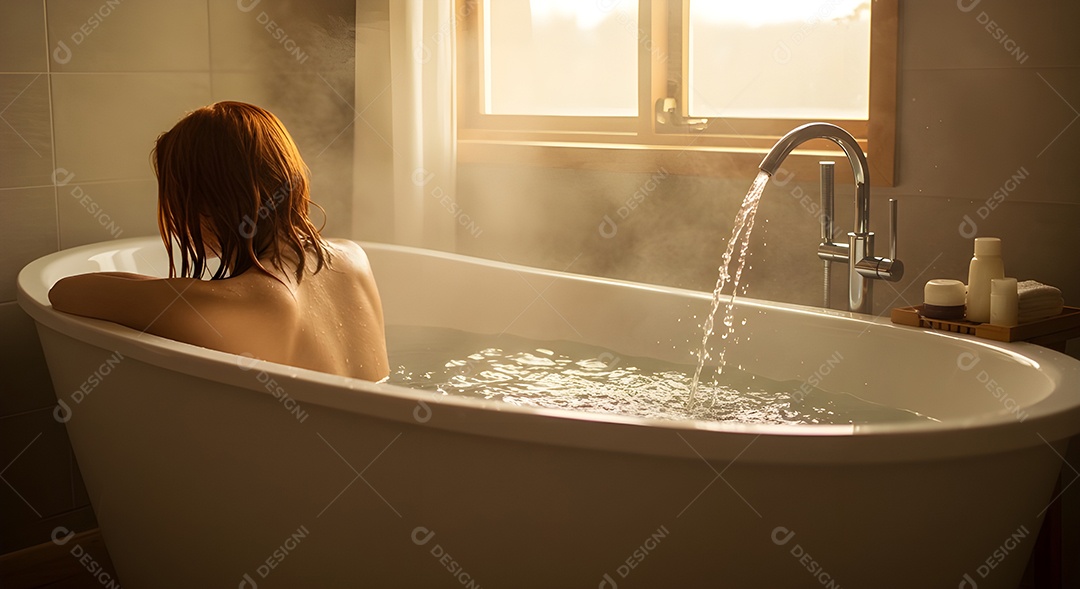 Retrato realista de mulher tomando banho de banheira