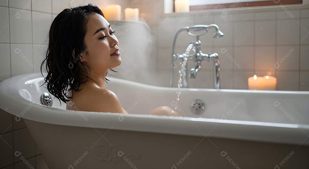 Retrato realista de mulher tomando banho de banheira