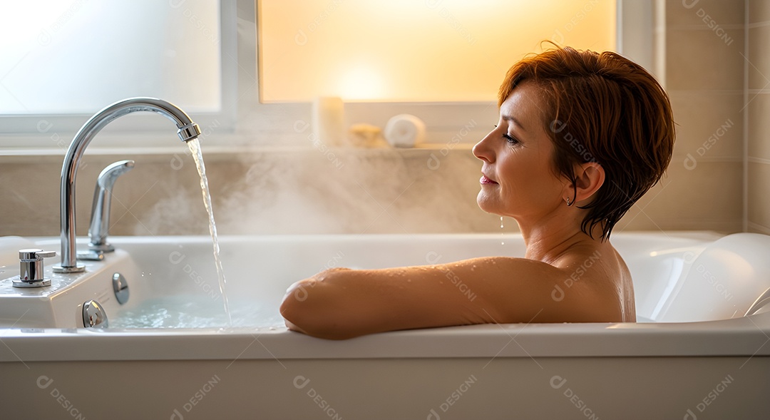 Retrato realista de mulher tomando banho de banheira