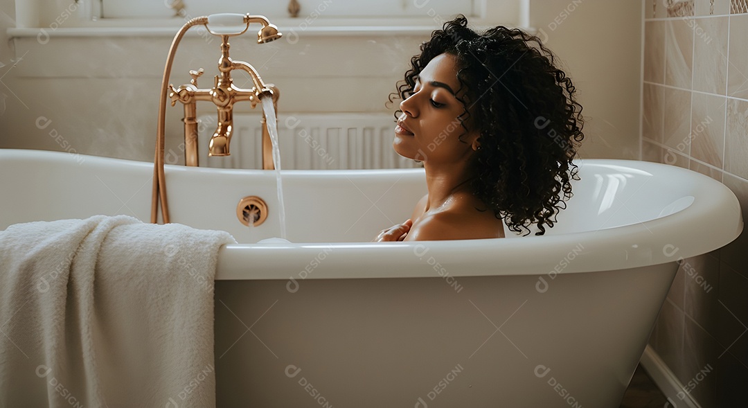 Retrato realista de mulher tomando banho de banheira