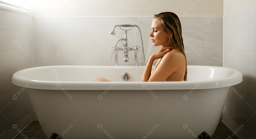 Retrato realista de mulher tomando banho de banheira