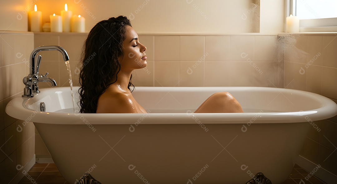 Retrato realista de mulher tomando banho de banheira