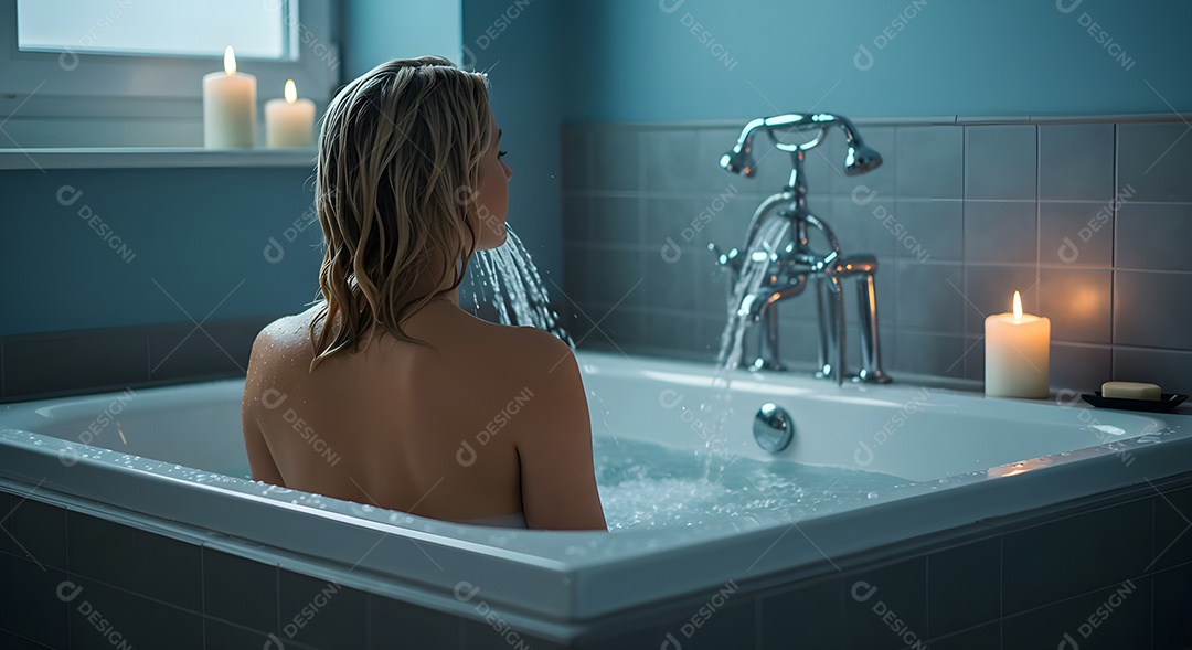 Retrato realista de mulher tomando banho de banheira