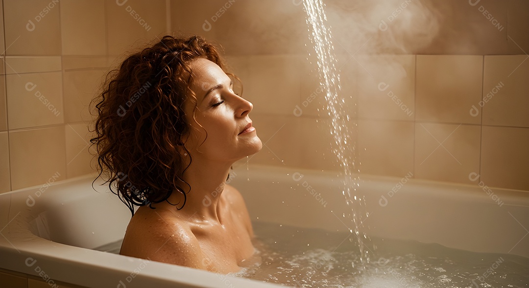 Retrato realista de mulher tomando banho de banheira