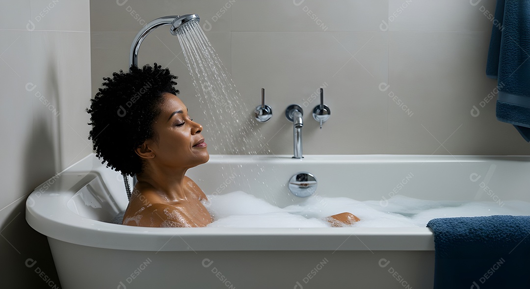 Retrato realista de mulher tomando banho de banheira