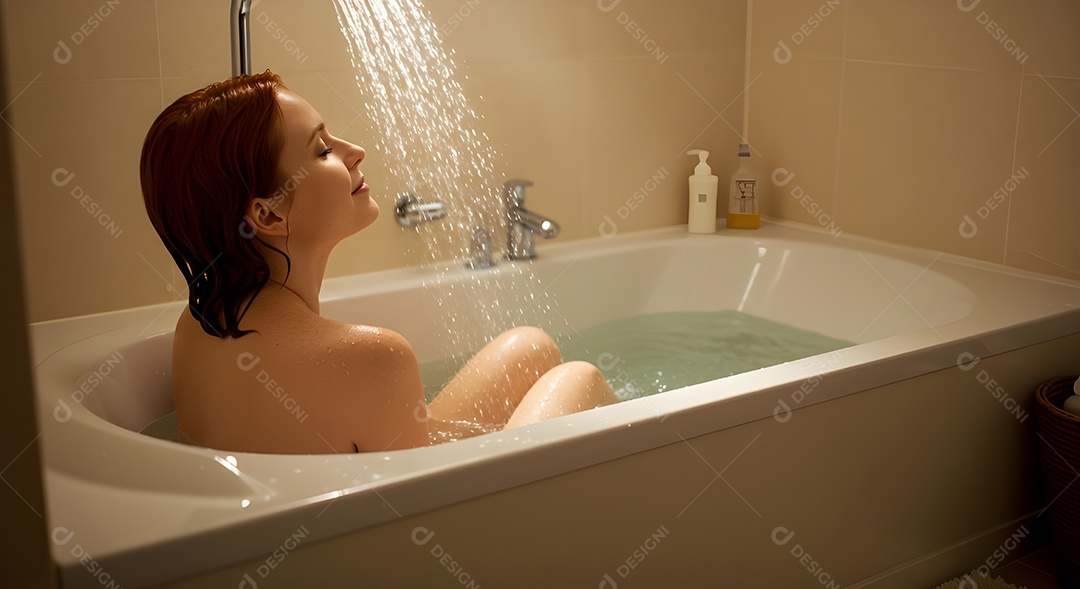Retrato realista de mulher tomando banho de banheira
