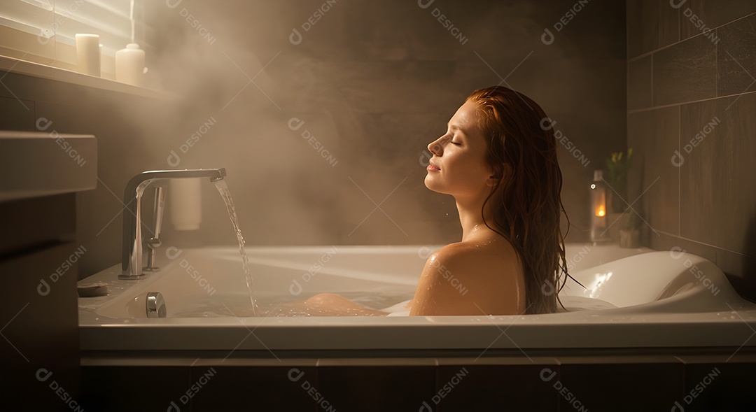 Retrato realista de mulher tomando banho de banheira