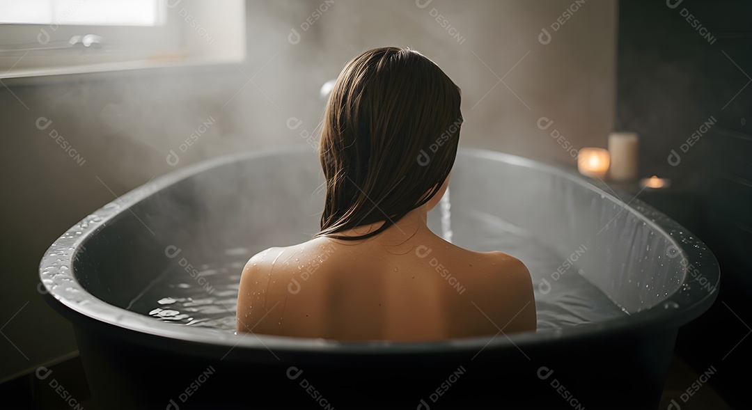 Retrato realista de mulher tomando banho de banheira