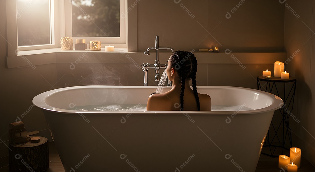 Retrato realista de mulher tomando banho de banheira