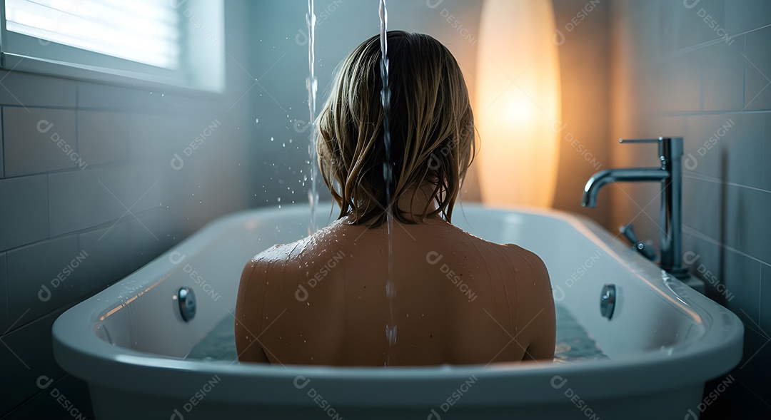 Retrato realista de mulher tomando banho de banheira