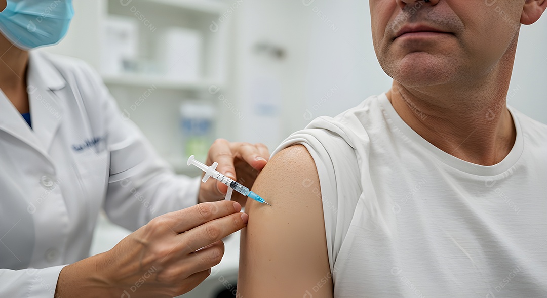 imagem mostra a aplicação de uma vacina no braço de uma pessoa.