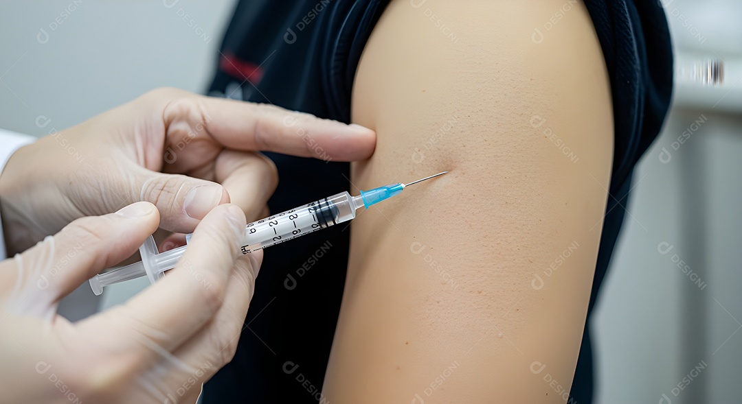 imagem mostra a aplicação de uma vacina no braço de uma pessoa.