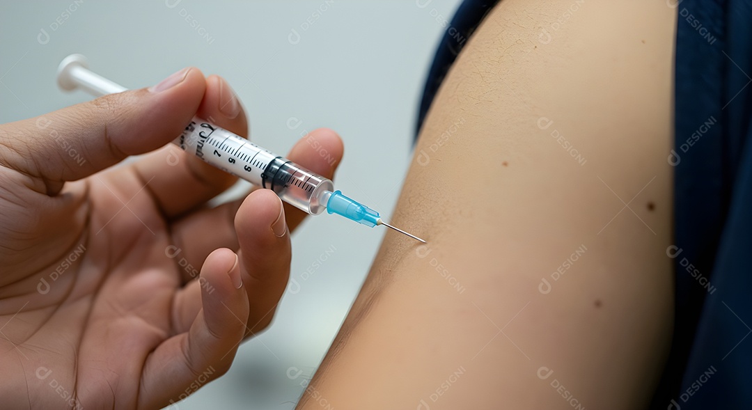 imagem mostra a aplicação de uma vacina no braço de uma pessoa.