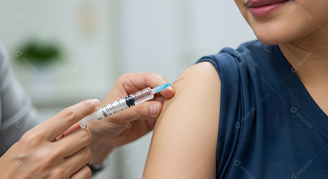 imagem mostra a aplicação de uma vacina no braço de uma pessoa.