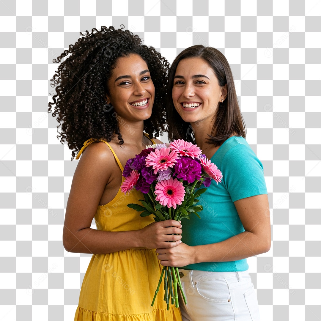 Amigas com Buquê de Flores PNG Transparente