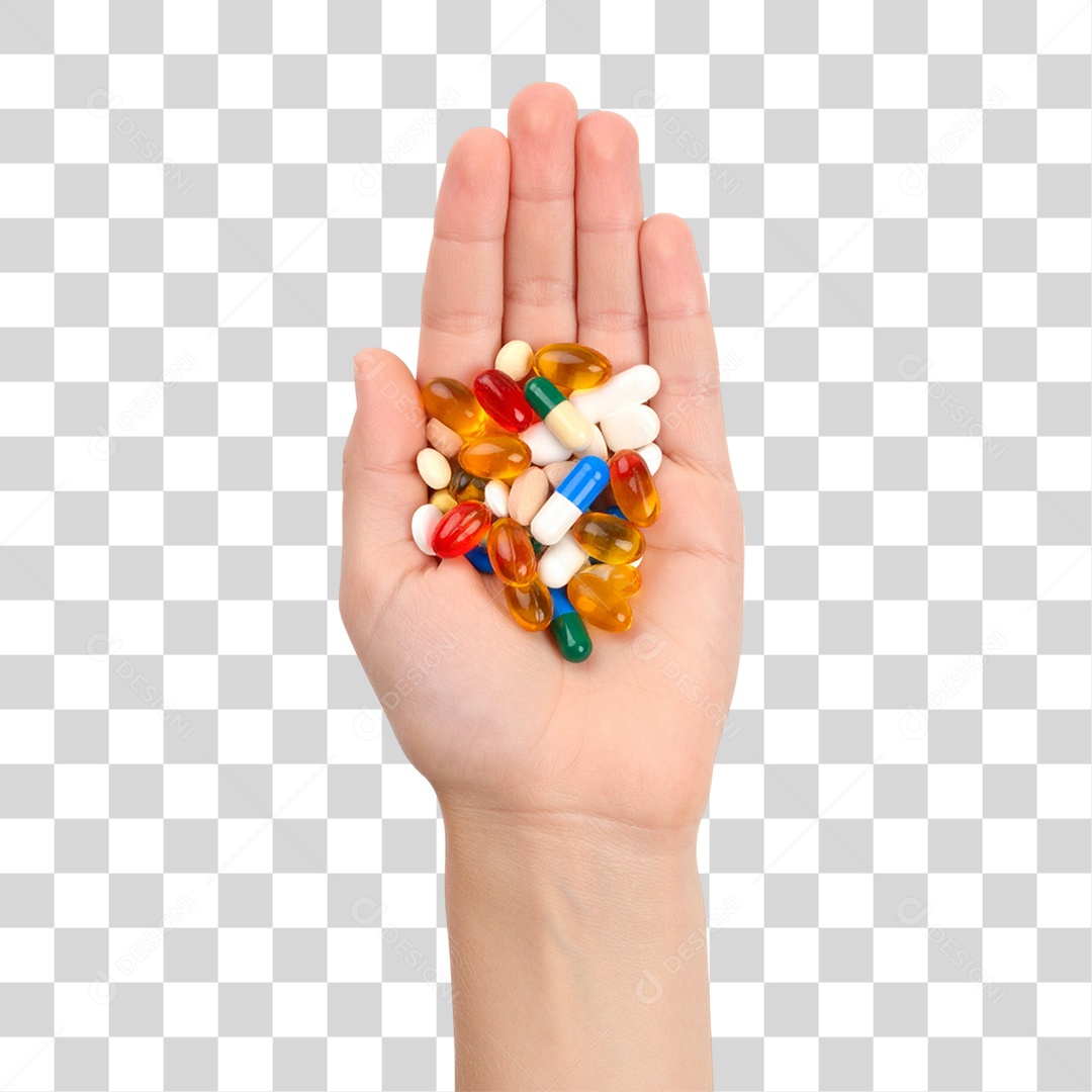 Mão segurando Vitaminas Comprimidos Capsulas PNG Transparente