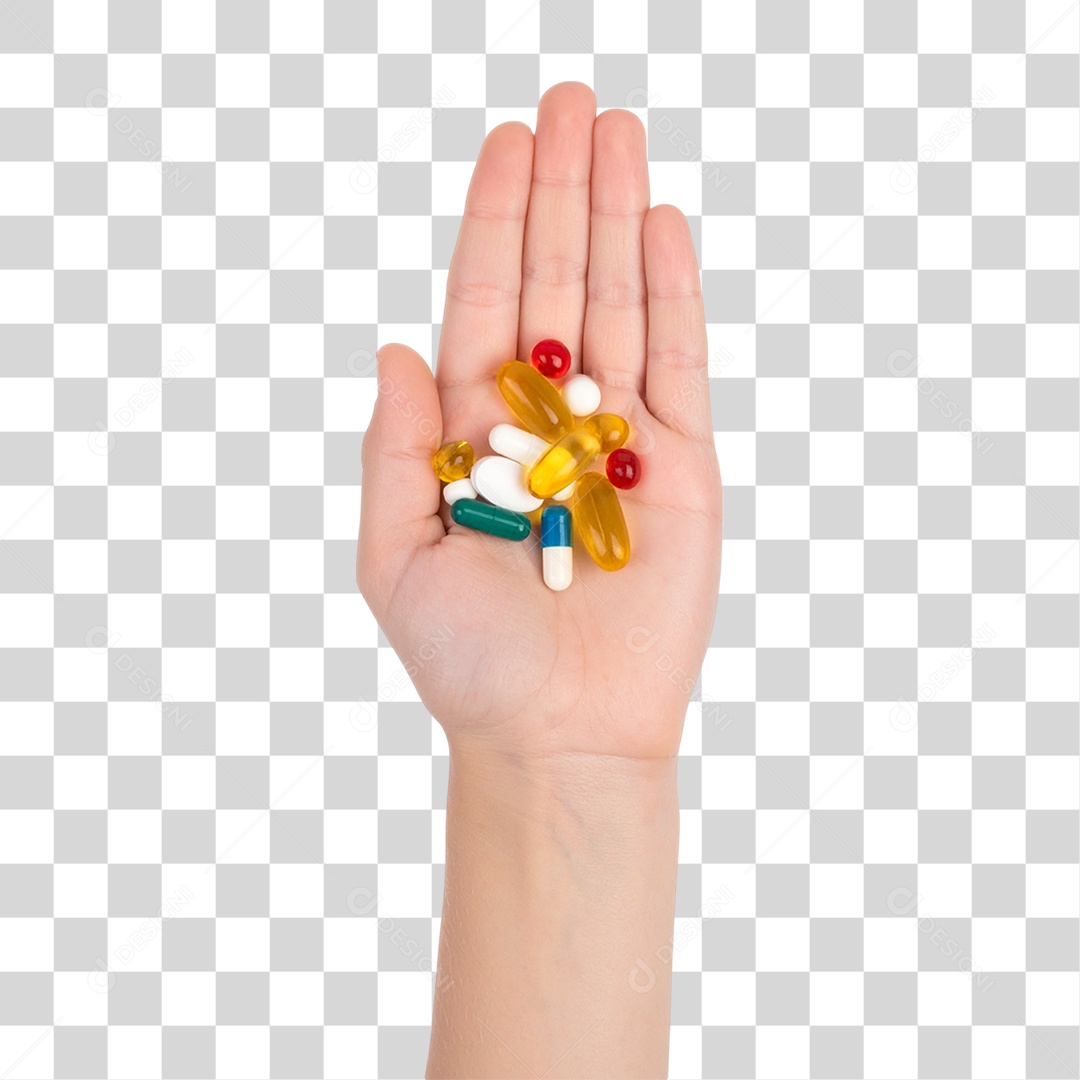 Mão segurando Vitaminas Comprimidos Capsulas PNG Transparente