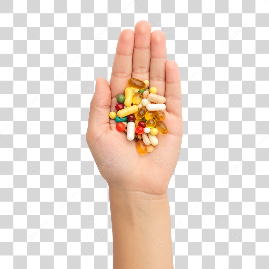 Mão segurando Vitaminas Comprimidos Capsulas PNG Transparente