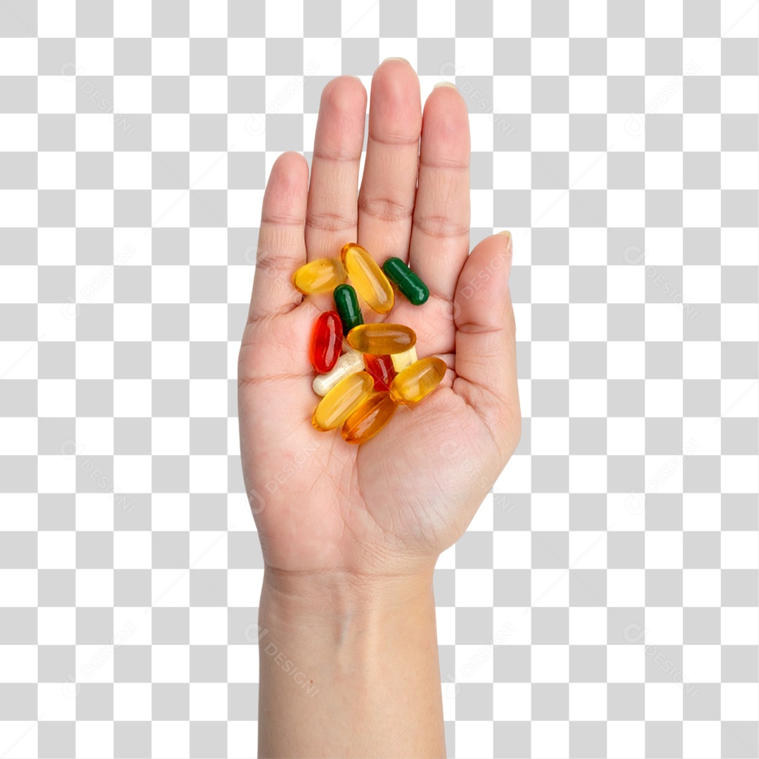 Mão segurando Vitaminas Comprimidos Capsulas PNG Transparente