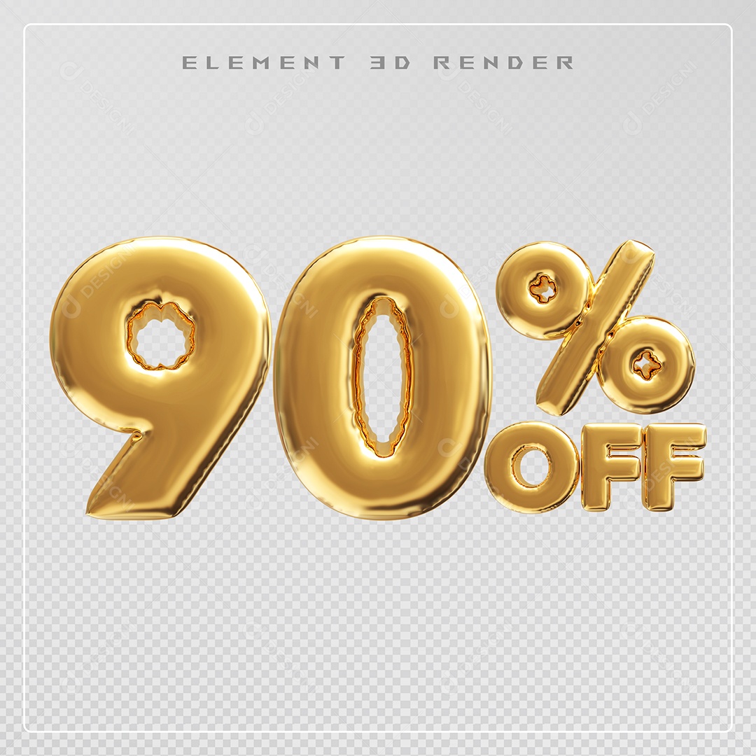 Elemento 3D Número 90% OFF Desconto Dourado para Composição PSD