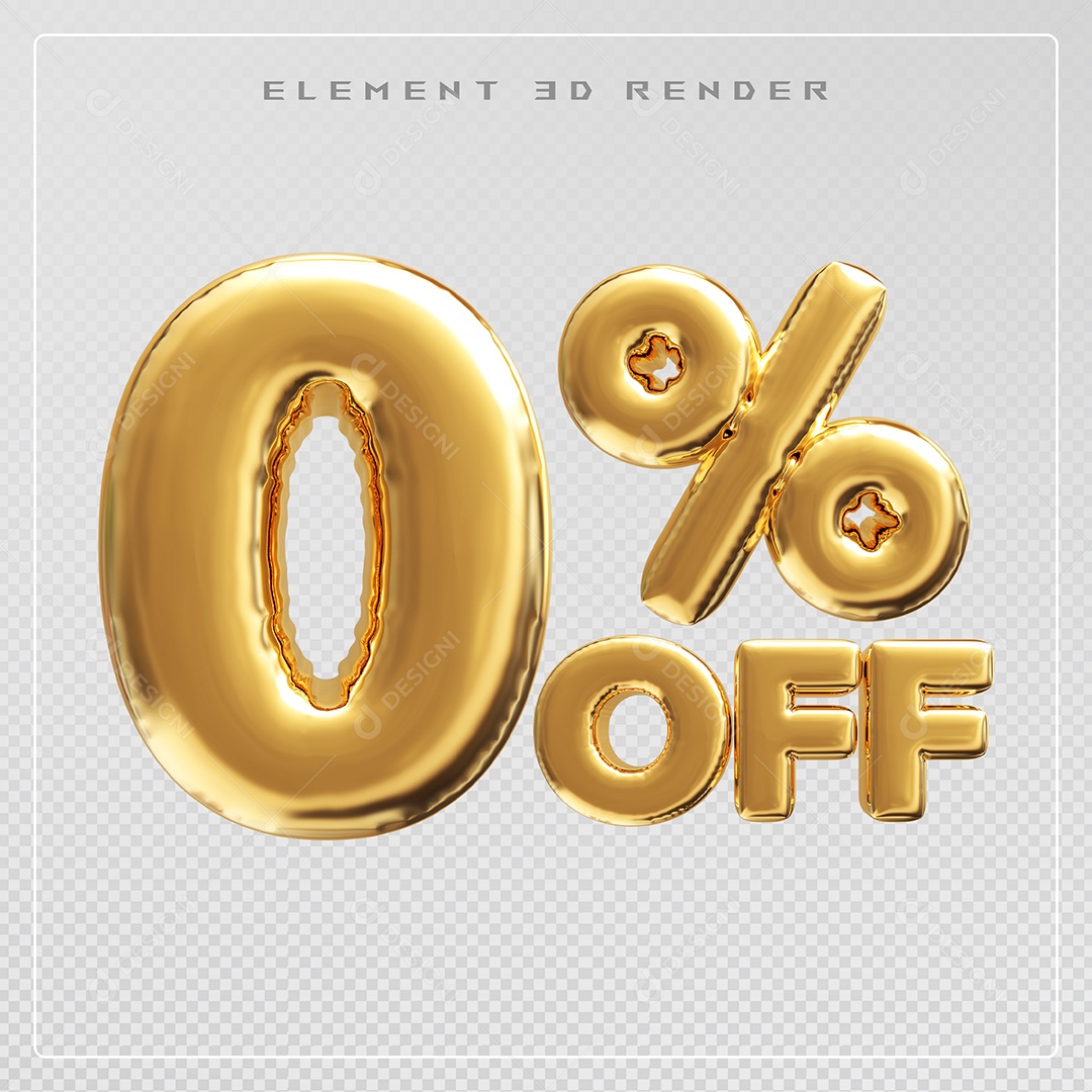 Elemento 3D Número 0% OFF Desconto Dourado para Composição PSD