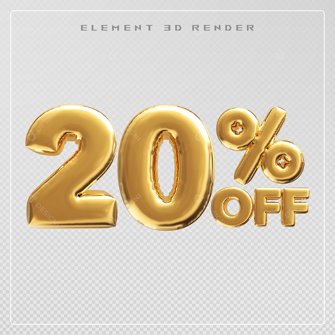 Elemento 3D Número 20% OFF Desconto Dourado para Composição PSD