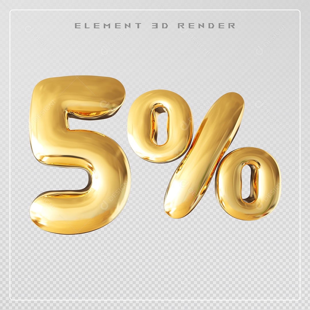 Elemento 3D Número 5% Desconto Dourado para Composição PSD