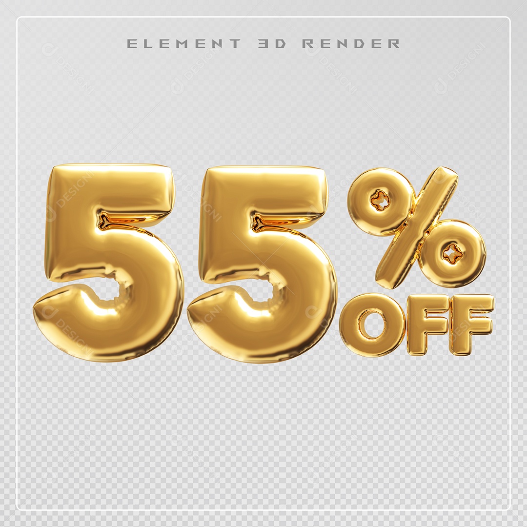 Elemento 3D Número 55% OFF Desconto Dourado para Composição PSD