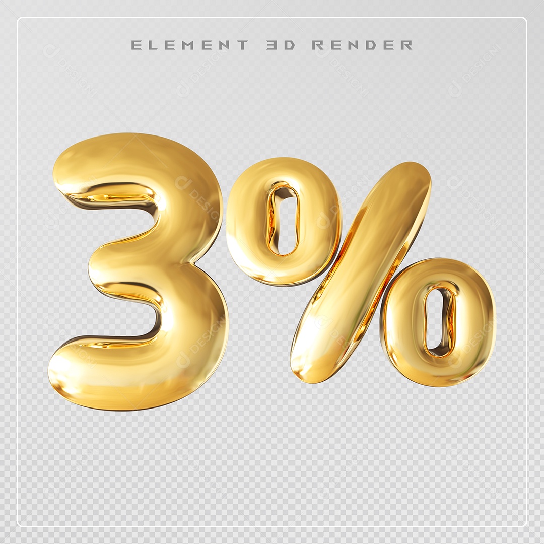 Elemento 3D Número 3% Desconto Dourado para Composição PSD